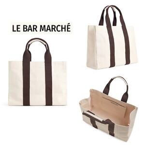 Le Bar Marche Canvas Tote Bag Large La Plage Beach Pool Grocery White Brown New